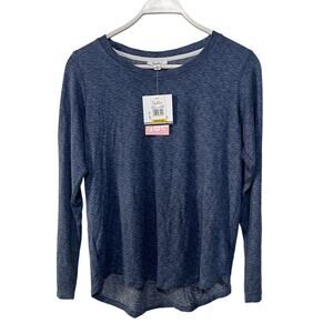 ROUDELAIN WOMENS MEDIUM LUXE LONG SLEEVE LOUNGE TOP SPACEDYE VINTAGE INDIGO BLUE